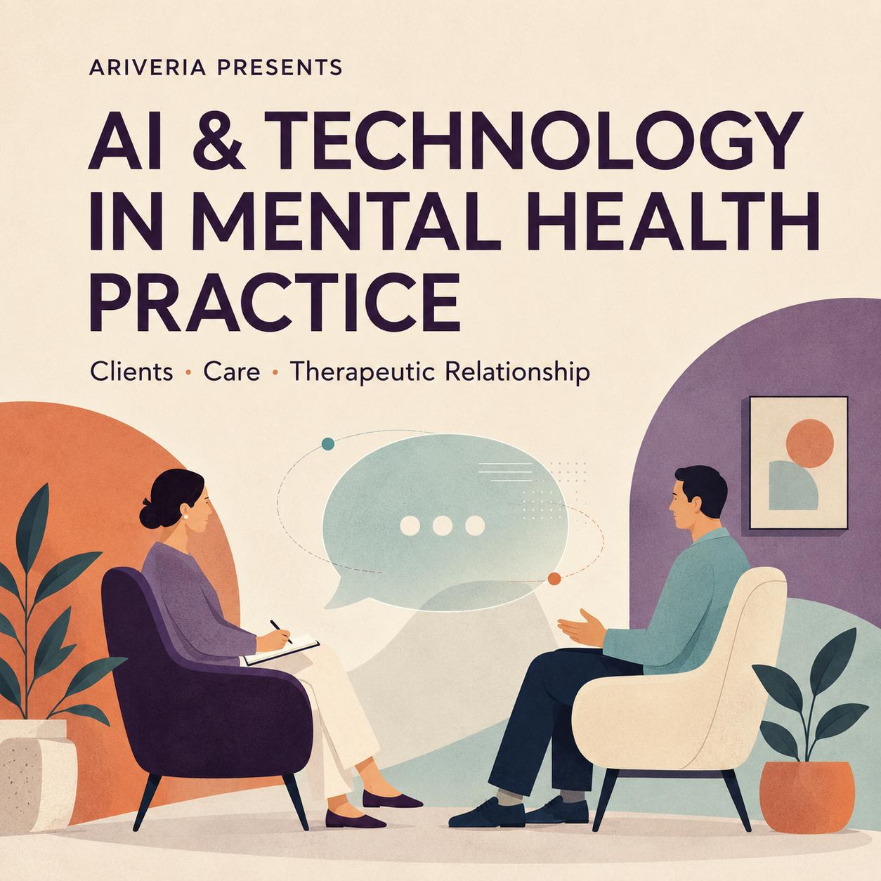 AI in the room — Understanding AI and Technology in Mental Health Practice: illustrated poster of a therapist and client in conversation